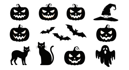 A Spooky Collection of Halloween Icons Featuring Jack-o-Lanterns Black Cats Flying Bats Witch Hats and Ghost Silhouettes Perfect for Festive Decorations and Themed Party Invitations