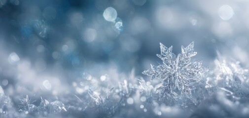The delicate snowflake sparkling in a winter wonderland backdrop.
