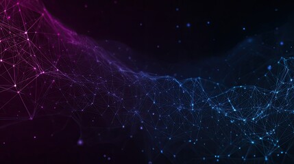 Abstract network of interconnected points and lines, flowing in waves of magenta and blue-violet hues against a dark background