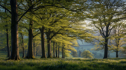 Fototapeta premium 新緑のブナ並木と朝の光