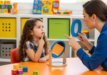 Neurodivergent kid girl in speech therapy practicing vowel O with therapist using mirror for articulation skills and autism spectrum inclusion awareness