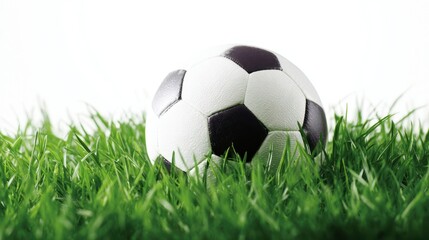The soccer ball resting on vibrant green grass in natural lighting.