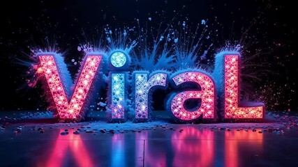 Dynamic "Viral" text explodes with vibrant neon light and energetic particles for ultimate online impact. - Powered by Adobe