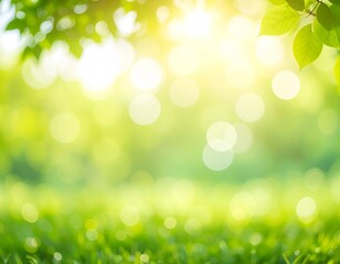 Fototapeta premium 木の葉から差し込む日差し 緑のキラキラしたボケの背景イラスト