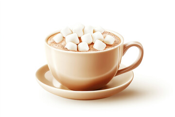 Cozy cup of hot chocolate topped with fluffy marshmallows on a saucer
