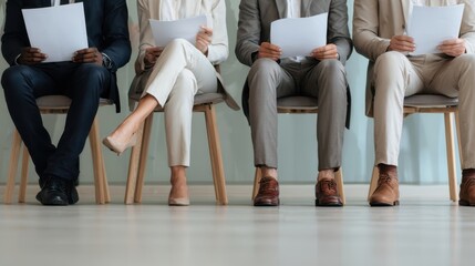 The candidates waiting with paperwork for an important job interview in an office setting.