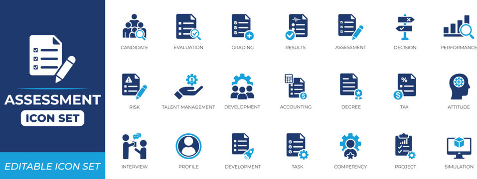 Assessment icon set featuring checklist, evaluation, academic, achievement, assessment, rating, audit, report, and performance review symbols for business and education uses.