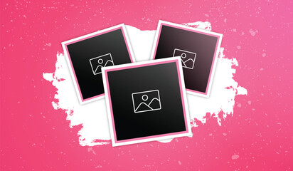 Collection of blank instant film photos with pink frames on a distressed pink background