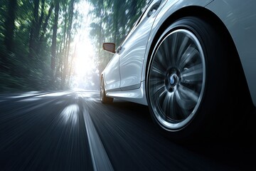 White car speeding through forest road. Sunlight streams through trees