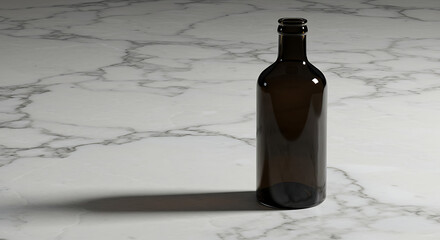 Empty brown glass bottle on a marble table with a soft shadow
