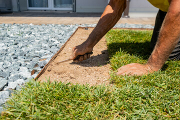 Manual Turf Installation by Hand with Knife and Gravel Border