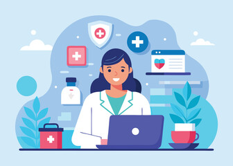 Doctor working on laptop with medical symbols and plants healthcare technology