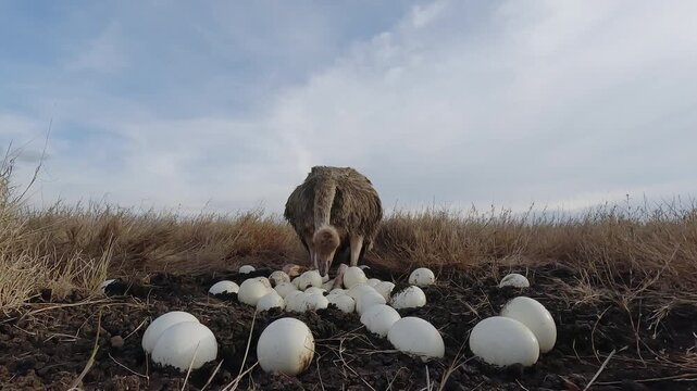 Low wide angle of a Common Ostrich (Struthio camelus) sitting on a clutch of eggs in dry savannah grassland at midday in Kenya