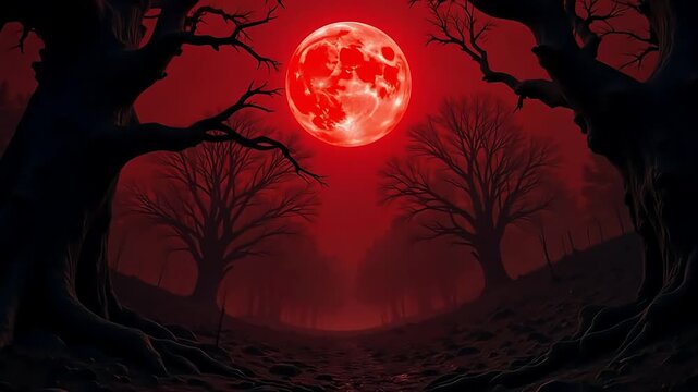 Eerie forest path bathed in dramatic blood moon glow, foreboding atmosphere, supernatural vibes