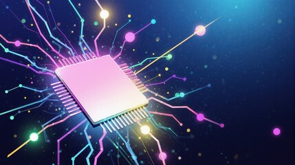 A vibrant illustration of a microchip with colorful, glowing connections against a dark background.