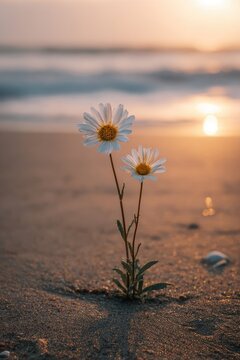 Two white daisies on sandy beach at sunrise