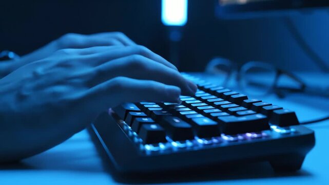 Hands Typing on Illuminated Keyboard in Blue Light.