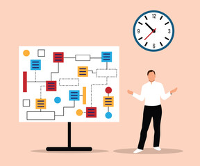 Business Man Presenting a Successful Sales and Growth Scheme. White collar work and financial improvement strategy vector art