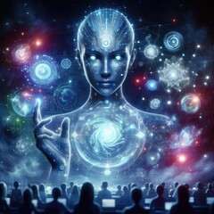 A futuristic digital illustration depicting a teacher as an android or AI entity projecting a holographic universe of knowledge. 