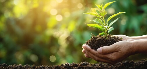 The hands cradling a young plant symbolize environmental care and nurturing growth