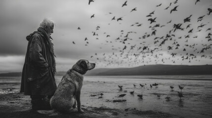 Elderly man and woman in outdoor landscape captured in black and white reflecting solitude and peaceful contemplation amidst nature weathered and mature appearance