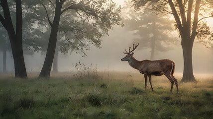 Naklejka premium deer in the woods, Graceful deer feeding on grass in a foggy field at dawn, soft light and muted colors creating calm