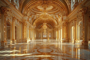 Obraz premium An opulent ballroom with grand chandeliers, marble floors, and gilded wall moldings, bathed in warm golden lighting.