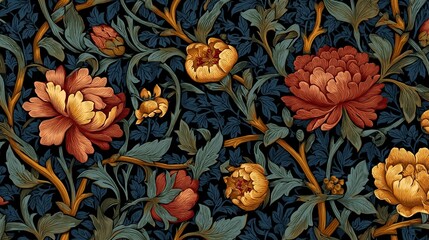 Vibrant floral pattern featuring intricately designed peonies on a dark background.