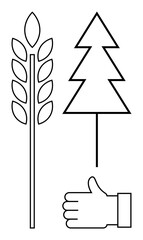 Wheat stem, stylized pine tree, and hand showing thumbs-up. Ideal for agriculture, forestry, eco principles, sustainability, approval, organic lifestyle and a simple landing page