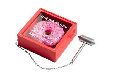 Pink frosted donut with sprinkles inside a red emergency glass box with metal hammer on chain, isolated on white background. Concept of food urgency. 3D Rendering