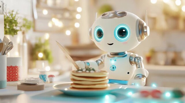 Cute robot cooking pancakes in futuristic kitchen with glowing details