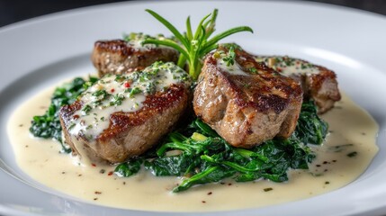 Gourmet plate of veal medallions with a cream sauce and sauted spinach, isolated on a white background