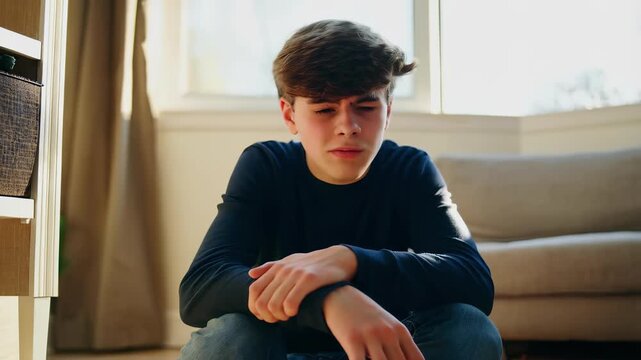 boy is sitting on floor with his hands on his knees. teenager is almost crying, he is upset, he has headache or stomach ache. concept of adolescence