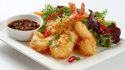 Gourmet plating of shrimp tempura with spicy dipping sauce and greens, isolated on a white background
