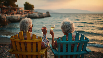 Beautiful scene of elderly seniors relaxing together on colorful outdoor chairs by the seaside during sunset enjoying leisure friendship and tranquility