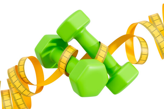 Green dumbbells entwined with yellow measuring tape, glossy style, isolated on a white background. Concept of fitness, exercise, and weight management. 3D Rendering.