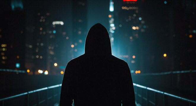 Mysterious Hooded Figure Silhouetted Against Vibrant Urban Night Lights and Glowing Bridge Railing.