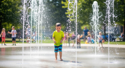Smiling young boy enjoying a sunny day playing among water fountains at a splash pad, surrounded by blurred kids and greenery.