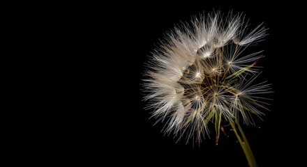 Fototapeta premium Dandelion seed head against black background isolated
