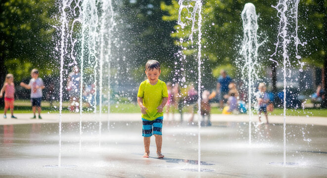 Smiling young boy enjoying a sunny day playing among water fountains at a splash pad, surrounded by blurred kids and greenery.