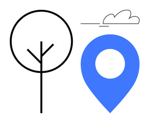 Blue location pin beside minimal tree outline and cloud line art. Ideal for navigation, sustainability, environment, nature, outdoor activities, exploration, urban ecology. Simple flat metaphor