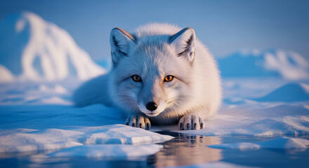  Playful Arctic Fox at the Polar Edge: A Dreamlike Close-Up Amidst Shimmering Ice and Endless Frozen Waters