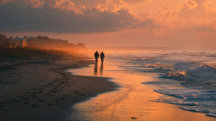 Beautiful sunset over tranquil beach with silhouette of couple walking along shoreline vibrant sky calming ocean waves romantic outdoor scenery scenic travel destination