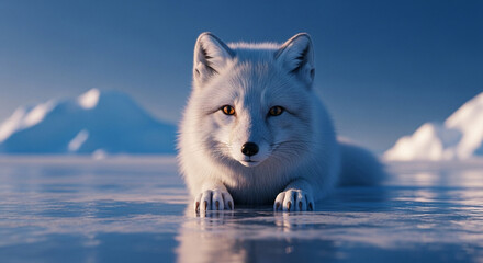  Playful Arctic Fox at the Polar Edge: A Dreamlike Close-Up Amidst Shimmering Ice and Endless Frozen Waters