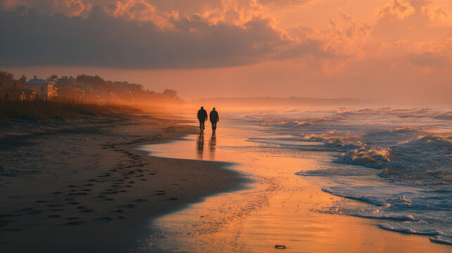 Beautiful sunset over tranquil beach with silhouette of couple walking along shoreline vibrant sky calming ocean waves romantic outdoor scenery scenic travel destination