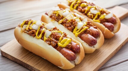 The delicious hot dogs topped with chili, mustard, and onions on a wooden board.