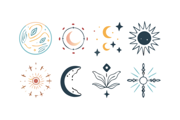 Collection of mystical celestial symbols featuring sun moon stars and planets