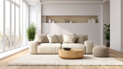 Modern living room with a neutral-toned sofa and clean lines, isolated on a white background