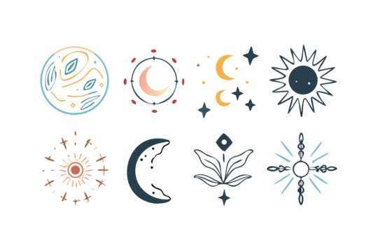 Collection of mystical celestial symbols featuring sun moon stars and planets