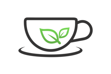 Simple black cup of tea with green leaf logo on dark background